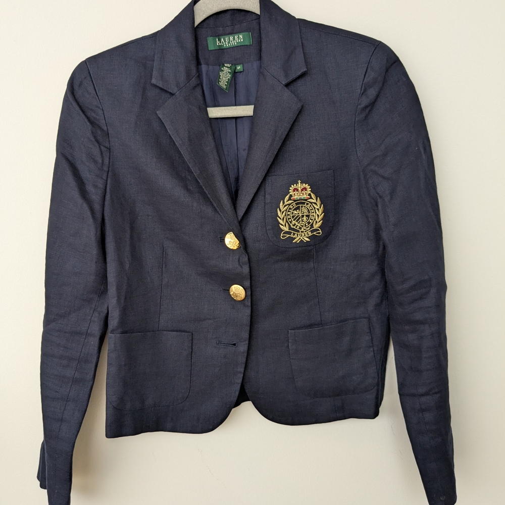 Ralph Lauren Petite Navy Blue Tailored Blazer W Gold Accents